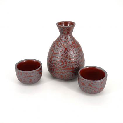 Juego de sake de cerámica japonesa, 1 botella y 2 tazas, KARAKUSA, rojo